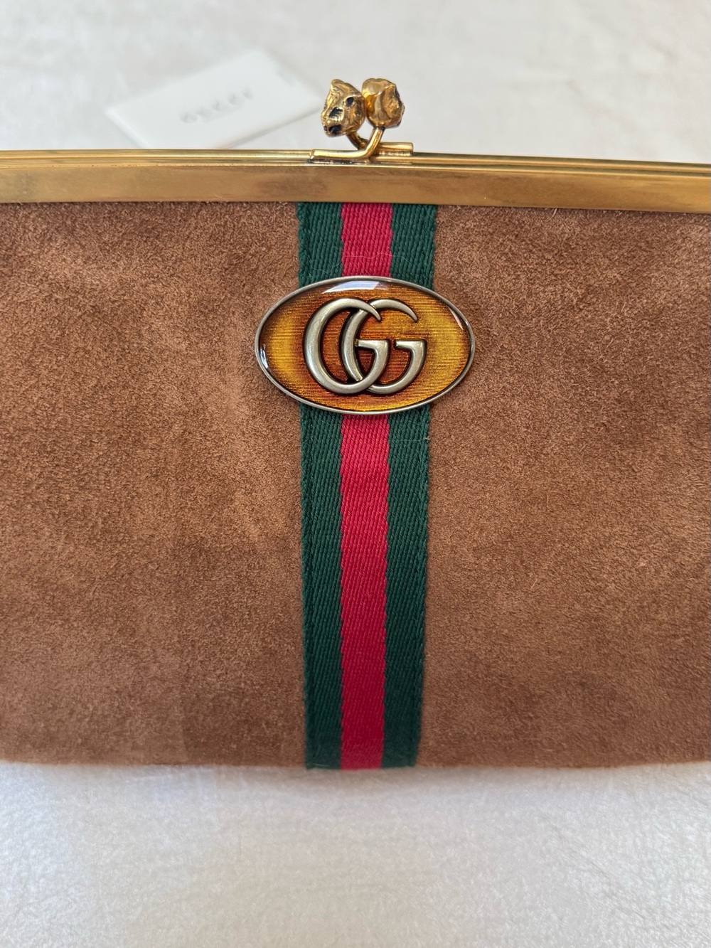 •••SOLD•••Auth Gucci Ophidia Kisslock Frame Clutch Suede Medium In Brown - Picture 7 of 17